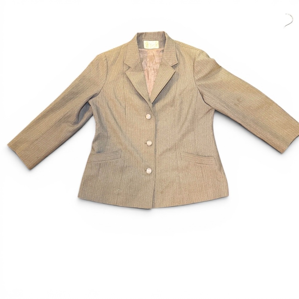 Rare 80s Vintage Taupe Pinstripe Power Blazer Pink Buttons Tailored Womens 40 - Picture 13 of 13